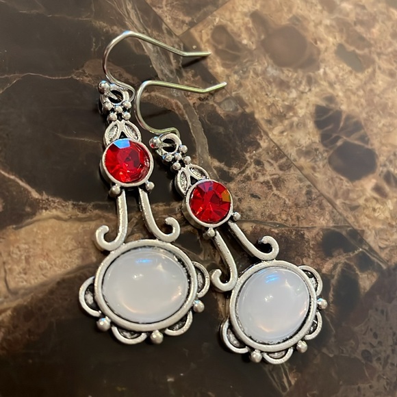 Moonstone And Ruby Silver Romantic Drop Earrings - Picture 10 of 13